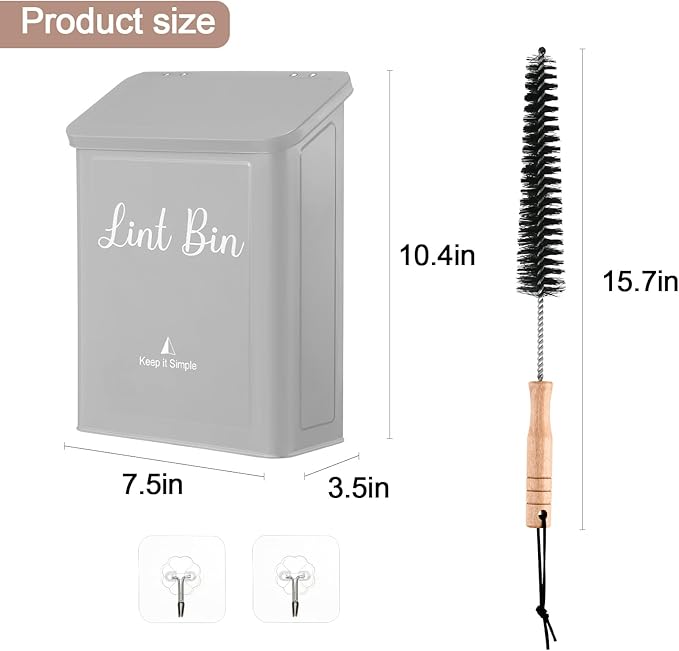 SUBEKYU Metal Magnetic Lint Bin for Laundry Room, Wall Mounted Lint Box Holder with Lid for Dryer,Light Grey