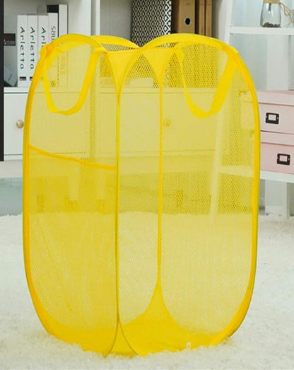 DurReus Portable Mesh Laundry Hamper with Large Pocket College Foldable Pop Up Clothes Basket Rectangle RV Organizer Bin Yellow
