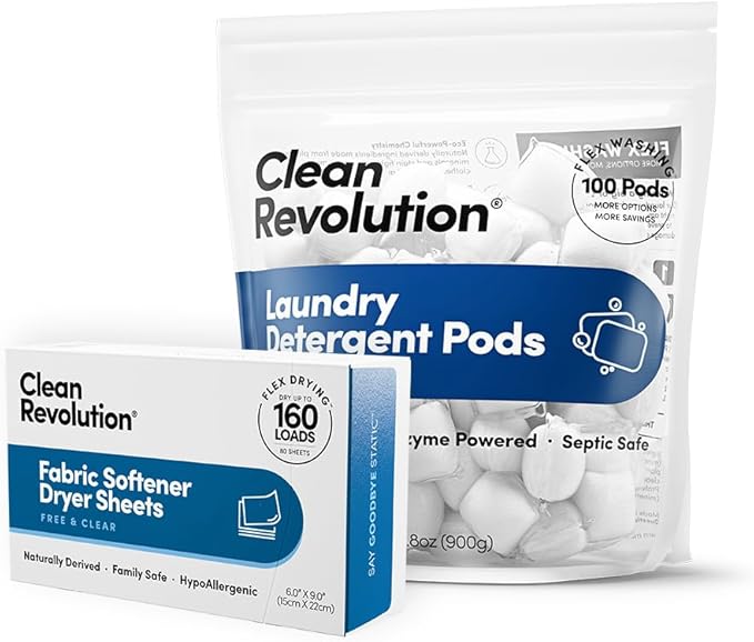 Clean Revolution Laundry Pods (100 Count) & Dryer Sheets (80 Count/160 Loads) Bundle - Fragrance Free, Plant Based, Biodegradable Detergent for Sensitive Skin, HE Compatible