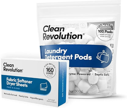 Clean Revolution Laundry Pods (100 Count) & Dryer Sheets (80 Count/160 Loads) Bundle - Fragrance Free, Plant Based, Biodegradable Detergent for Sensitive Skin, HE Compatible