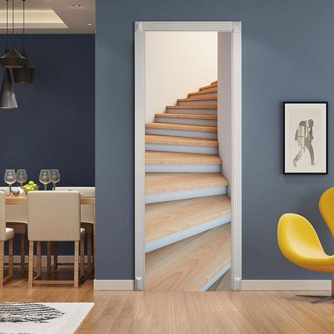 3D Door Stickers Murals - Stairs Peel and Stick Waterproof & Washable Matt Finish Modern Style White 37.4" x 84.6"