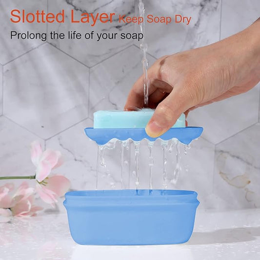 Quatish Leakproof Soap Dish with Lid & Draining Layer, Shatterproof Travel Bar Soap Holder Case Container, Portable Travel Size Toiletries Essentials for Camping, Gym, Bathroom, Denimblue