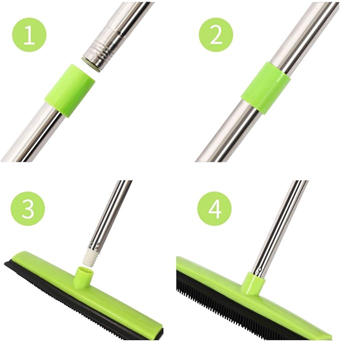 MEIBEI Pet Hair Removal Broom with Squeegee -53", Long Handle Soft Bristle Rubber Broom, Ideal for Remove Fur from Carpets, Rugs, Hardwood and Linoleum