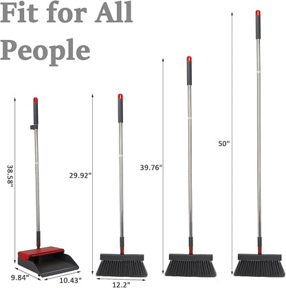 Broom with Dustpan Combo Set 50” Adjustable Long Handle 180 Degree Rotating Broom Set with Comb Teeth Upright Standing Dust Pan for Home Room Kitchen