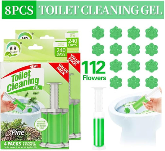Toilet Cleaning Gel Pine Scent. Pack of 4 (6.43oz) with 56 Gel Stamps for Continuous Toilet Cleaning, Deodorizing & Fruity Freshness.