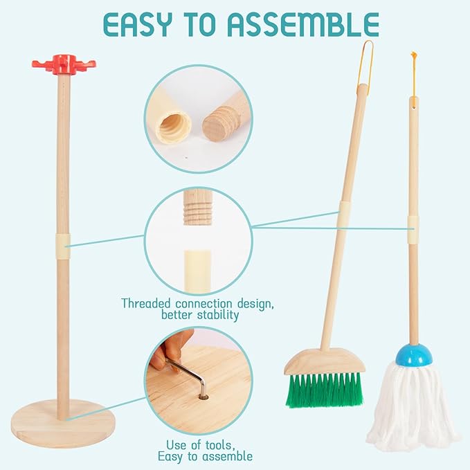 Kids Cleaning Set, Housekeeping Play Set Includes Broom Mop Duster Dustpan Brushes Rag and Organizing Stand, Cleaning Toys Gift for Toddlers Girls Boys Age 3-6, Solid Beech Wood (Blue)