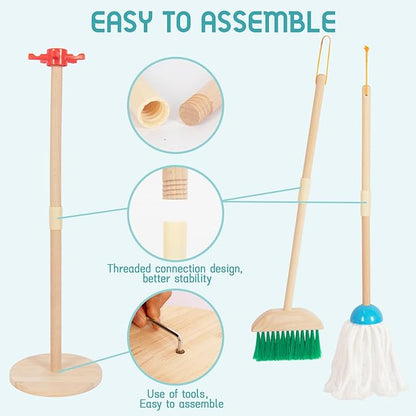 Kids Cleaning Set, Housekeeping Play Set Includes Broom Mop Duster Dustpan Brushes Rag and Organizing Stand, Cleaning Toys Gift for Toddlers Girls Boys Age 3-6, Solid Beech Wood (Blue)