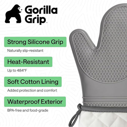 GORILLA GRIP BPA-Free Soft Silicone Oven Mitts, 14.5x8.3, Heat Resistant and Waterproof Cooking Gloves, Thick Cotton Lining, Flexible Gripping for Baking Grilling, Kitchen Potholders Set of 2, Gray