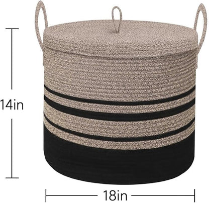 Extra Large Woven Basket with Lid, 18" X 14" Wicker Blanket Storage Basket Living Room, Tall Rope Storage Baskets for Toys, Decorative Kids Toy Bin Box with Cover, Baby Laundry Basket Hamper