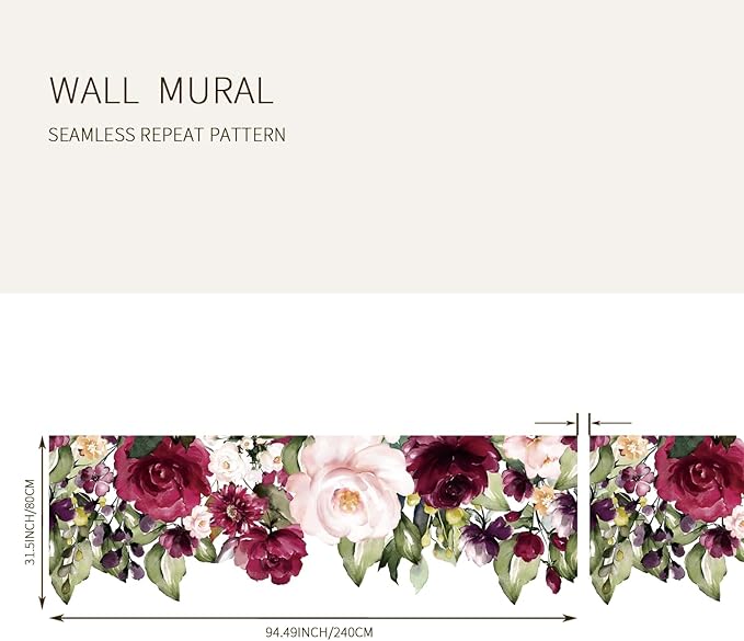 Large Peel and Stick Floral Bouquet Wall Decals Flowers Wall Stickers for Living Room Bedroom Accent Wall Decor, Burgendy Pink Rose Garden