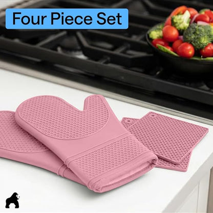GORILLA GRIP BPA-Free Soft Silicone Oven Mitts and Pot Holders Sets of 4, Heat Resistant Waterproof Cooking Gloves, Thick Cotton Lining, Flexible Gripping for Baking Grilling, Kitchen Trivets, Pink