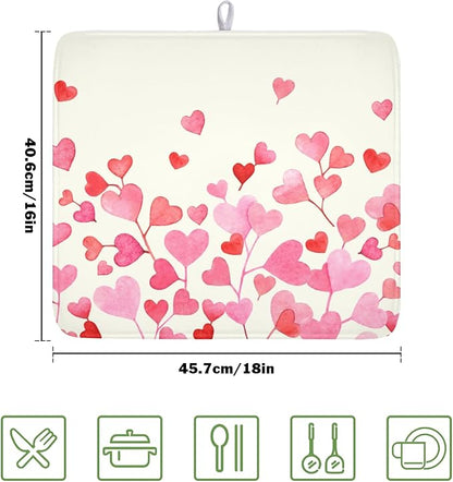 Valentine's Day Dish Drying Mat for Kitchen Counter Pink Love Heart Pattern Drying Mat 16x18 Inch Valentines Holiday Absorbent Dish Drainer Mat Kitchen Accessories