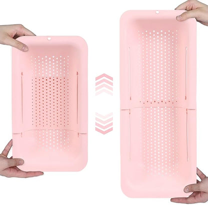 BLUE GINKGO Over the Sink Colander Strainer Basket - Wash Vegetables and Fruits, Drain Cooked Pasta and Dry Dishes - Extendable - New Home Kitchen Essentials (Pink, 1 Pack)