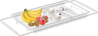 Expandable Over The Sink Dish Drainer Drying Rack, Stainless Steel Metal, Small Adjustable Dish Drainer Drying Rack for Kitchen Counter, Space Saving for Compact Kitchen