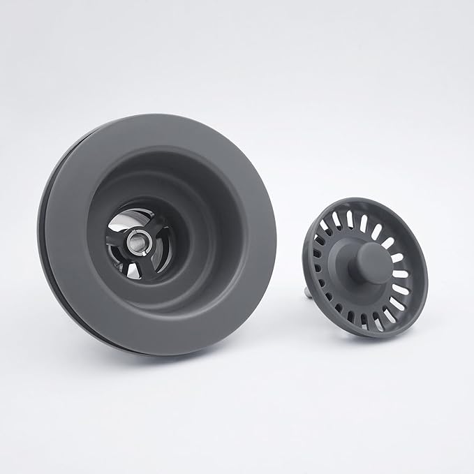 3-1/2 Inch Polymer Urban Gray Sink Drain Assembly with Basket Strainer and Stopper for Quartz, Granite or Fireclay Kitchen Sinks