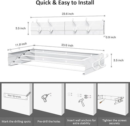 Laundry Drying Rack, Collapsible Wall Mounted Clothes Drying Rack - Foldable,Space Saving, 13.2 Linear Ft, 4 Aluminum Rods, 60 lb Capacity (White, 23.6" Wide)