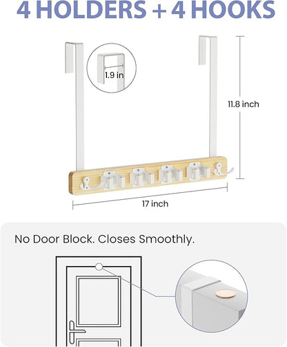FANGSUN Broom Holder Door Mount Hanging, Over The Door Broom and Mop Organizer with 4 Slots and 4 Hooks, Wooden Tool Rack Storage Hanger for Laundry, Closet, Garage, No Drills