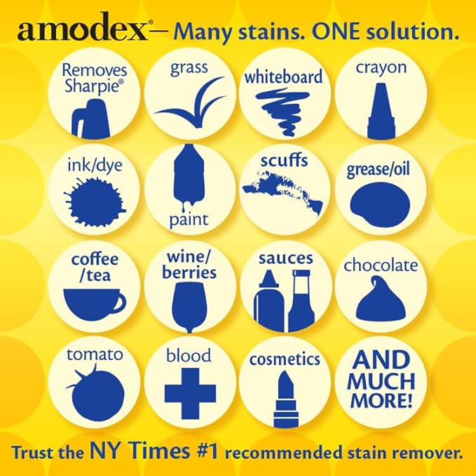 Amodex Ink & Stain Remover Arsenal, Safe and Effective on Clothes, Leather and Skin, Full Set for all your Stain Removal Needs, Includes 2 Bottles, 1 Brush, 10 Wipes