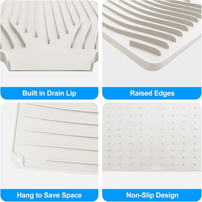 Silicone Dish Drying Mat for Kitchen Countertops and Sinks,19 x13.7 Inch Non Slip Heat Resistant Mat with Built In Drainage System,For Refrigerator and Drawer Liners (Creamy-white, 19 x13.7 Inch)