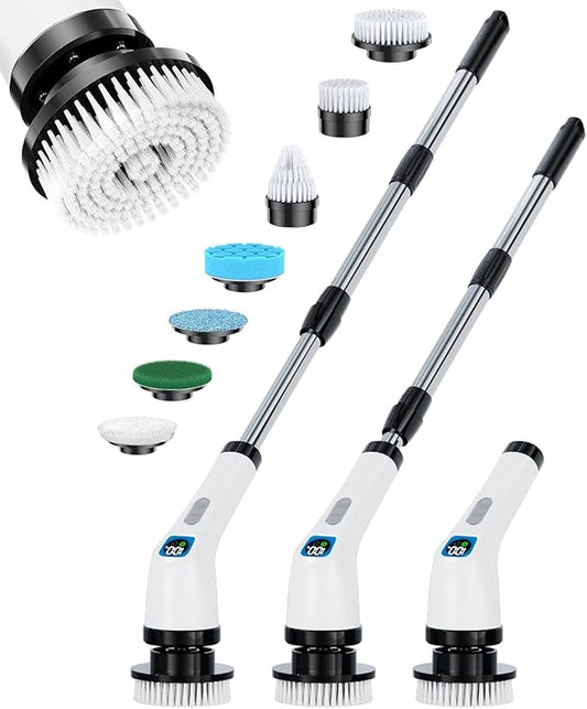 Electric Spin Scrubber, IPX7 Shower Scrubber 7 Replaceable Brush Heads-90Mins Work Time, 2-Speed Adjustable Bathroom Scrubber 3-Height Adjustable Handle Cordless Tub Scrubber for Bathtub Kitchen Glass