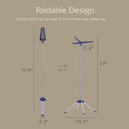 Beaudaily Clothes Drying Rack, Foldable Laundry Drying Rack, Indoor 59-Inch Drying Rack Clothing with 3 Rotatable Arms, Stainless Steel, Holds 27 Pieces, Space Saving, Portable, Blue and Silver