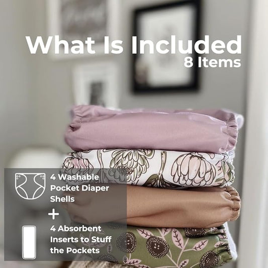 Nora's Nursery Cloth Pocket Diapers 4 Pack with 4 Inserts - Waterproof Cover, Washable, Reusable & One Size Adjustable Pocket Diapers for Newborns and Toddlers - Meadow