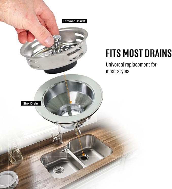Highcraft 9843 Stainless Steel Kitchen Sink Strainer Basket-Replacement for Standard Drains (3-1/2 Inch) -Universal Style Rubber Stopper