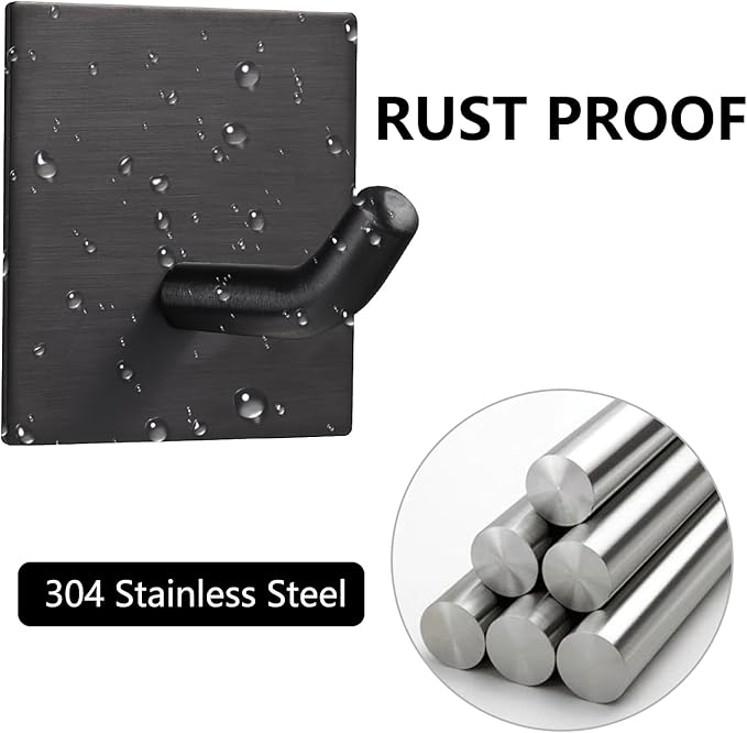 FOMANSH Heavy Duty Adhesive Hooks, Stick on Wall Adhesive Hangers, Strong Stainless Steel Holder, Self Adhesive Hooks for Kitchen Bathroom Home Door Towel Coat Key Robe 6 Packs Black
