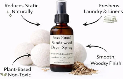 Wool Dryer Balls & Dryer Spray Bundle – 3 Reusable Dryer Balls + Plant-Based Essential Oil Dryer Spray, Natural Fabric Freshener, Anti-Static & Odor Fighting (Sandalwood)