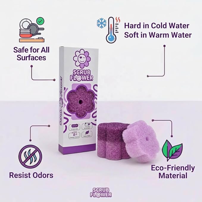 Scrub Flower Temperature Sensitive Sponges -Non-Scratch Scrubbers for Kitchen & Home - Firm in Cold & Soft in Warm Water - Odor Resistant Color-Coded Dish Sponges (Lavender Mist, 3 Count)