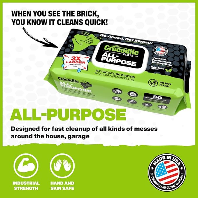 Crocodile Cloth All-Purpose Cleaning Wipes – 8 Pack/640 Total Count, 15"x10" Extra Large Plant-Based Disposable Cloths – Moist, Absorbent, Safe on Skin, Multi-Surface Use