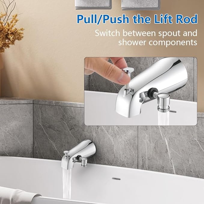 Chrome Tub Spout with Diverter slip fit 1/2 inch Copper Tube, High Pressure filtered Handheld Shower with 3 Spray Modes On/Off Switch, 59 inch hose, Bracket, No Drill Required Install