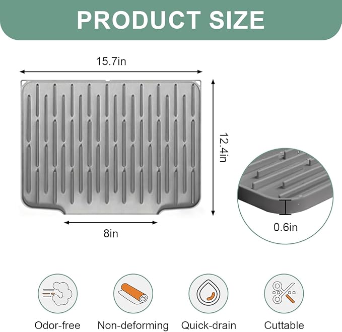Silicone Kitchen Countertop Dish Drying Mat with Water Collection Tray Non-Slip Pad ( Grey)