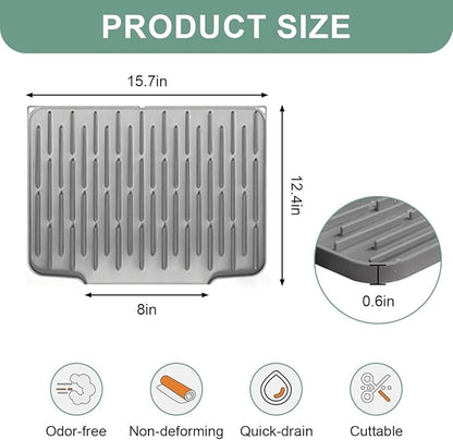 Silicone Kitchen Countertop Dish Drying Mat with Water Collection Tray Non-Slip Pad ( Grey)