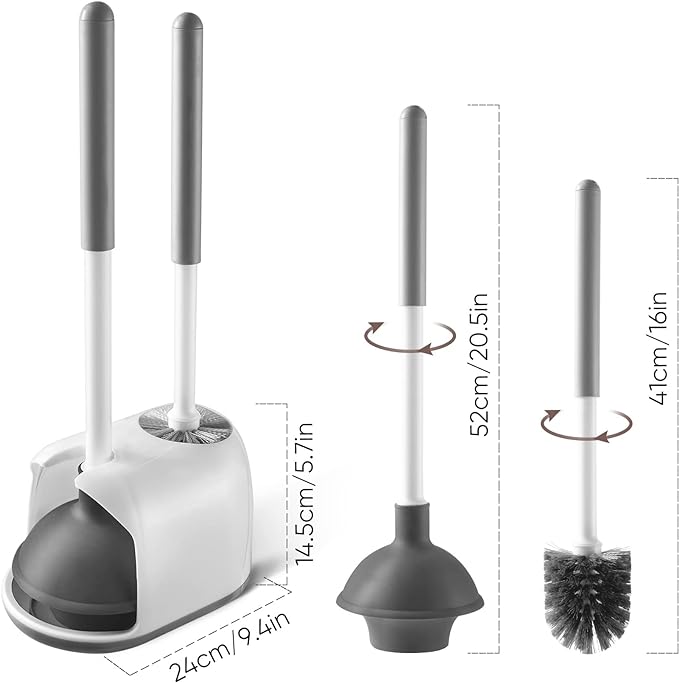 Eyliden Toilet Plunger and Brush, 2 in 1 Toilet Bowl Brush Plunger Set with Holder, Bathroom Cleaning Tools Combo with Caddy Stand, Nylon Bristles, Shatter-Resistant Plastic, White