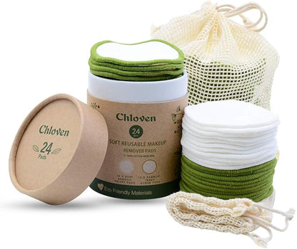 Chloven Reusable Makeup Remover Pads 24 Pack - Washable Eco-Friendly Bamboo Velour Pads for All Skin Types,Bamboo Reusable Cotton Rounds for Toner, with Cotton Bag and Round Box for Storage
