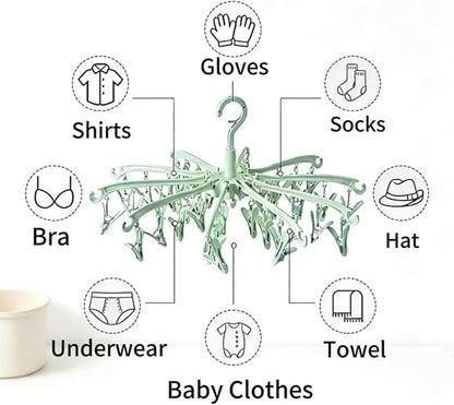 Foldable Drying Rack with 40 Clips for Drying Socks Lingerie Baby Clothes Drying Towels Rotatable Sock Drying Rack (Green)