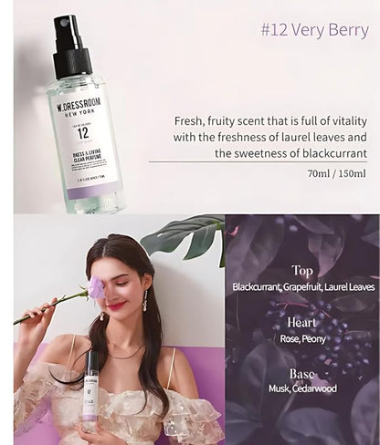 W.Dressroom No.12 Very Berry Living Clear Perfume, Body Mist & Fabric Spray Deodorizer, Alcohol-Free Water-Based, Odor Neutralizer for Clothes, Bedding & Room, Travel Size 2.36 oz