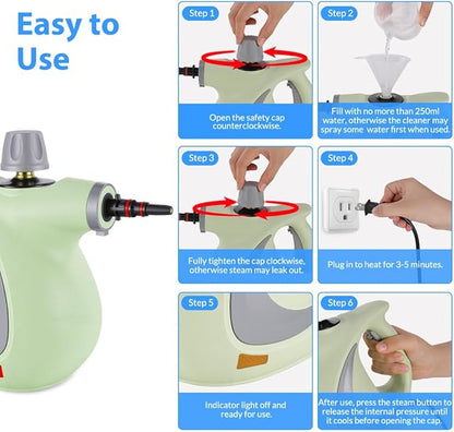 Handheld Pressurized Steam Cleaner with 12 pcs Accessories, Portable Steamer for Cleaning, Steam Cleaner for Home Use, Steamer for Cleaning Car, Furniture, Floor, Upholstery, Grout and Tile, Green
