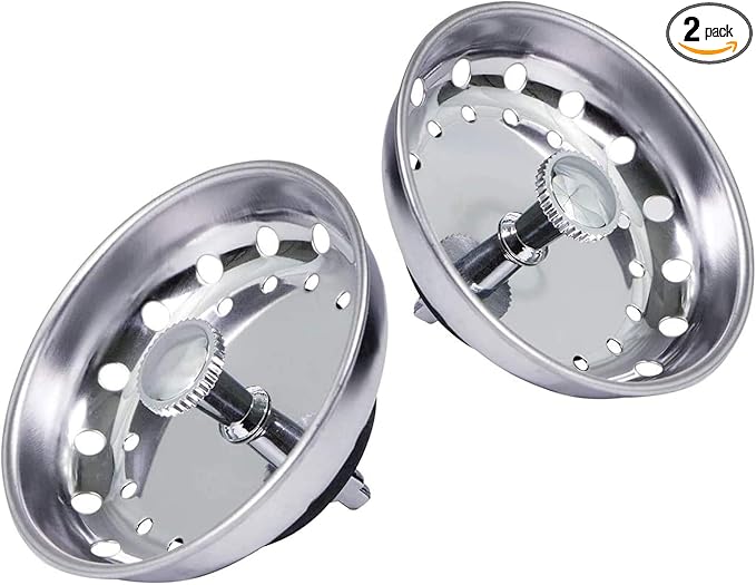 Highcraft FAUC97333-2 Kitchen Sink Basket Strainer Replacement for Standard Drains (3-1/2 Inch) Chrome Plated Stainless Steel Body With Rubber Stopper, Pack Of 2
