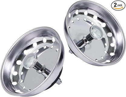 Highcraft FAUC97333-2 Kitchen Sink Basket Strainer Replacement for Standard Drains (3-1/2 Inch) Chrome Plated Stainless Steel Body With Rubber Stopper, Pack Of 2