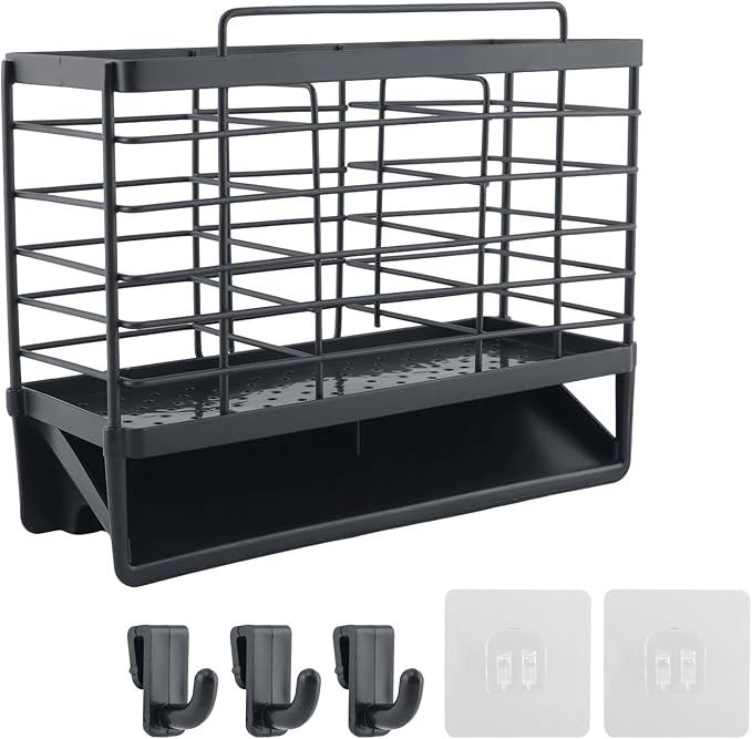 3-Compartment Dish Drying Rack for Kitchen, Carbon Steel Utensil Holder with Drain Tray, Utensil Caddy Organizer for Knives, Forks, Spoons, Chopsticks, Wall Mount or Countertop (Charcoal Grey)