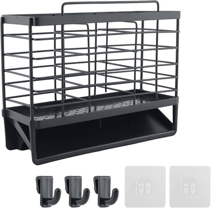 3-Compartment Dish Drying Rack for Kitchen, Carbon Steel Utensil Holder with Drain Tray, Utensil Caddy Organizer for Knives, Forks, Spoons, Chopsticks, Wall Mount or Countertop (Charcoal Grey)
