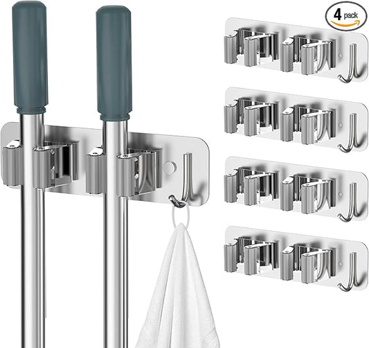 homeasy Wall Mount Mop and Broom Holder, Heavy Duty Stainless Steel Organizer Rack with Hooks | 4-Pack, 2-in-1 No Drill & Screw Installation, Silver