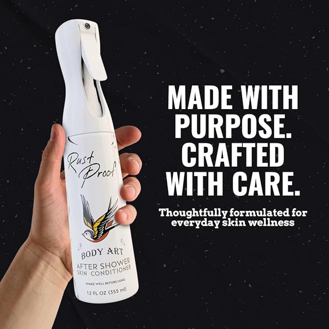 Rust Proof After-Shower Skin Conditioner 12 fl oz – Spray Lotion That Locks in Moisture with 14 Essential Oils – Lightweight Tattoo Aftercare Spray to Hydrate, Nourish & Help Maintain Vibrant Tattoos