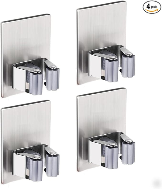 HANZE 4 Pack Stainless Steel Mop Broom Holder Organizer, Self Adhesive Wall Mounted Mop Organizer Storage Rack Clip for Kitchen Bathroom and Garage (Rectangle, Large)