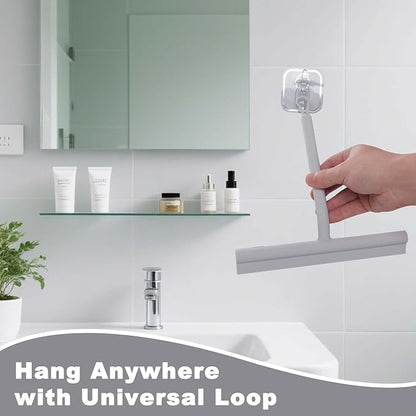 Squeegee for Shower Glass Doors, Resilient Loop - No-Drill & Adhesive Hook, Silicone Shower Squeegee with Stainless Steel Core, Cleaning Tool for Home, Kitchen, Bathroom & Car - Grey