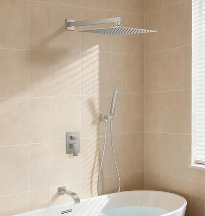 Brushed Nickel Shower System with Tub Spout, Wall Mounted Bathtub Shower Faucet Set, 12" Rainfall Shower Head and Handheld Shower Combo, High Pressure Shower Fixtures Set with Rough-in Valve