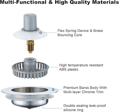 Kitchen Sink Drain Strainer – New Upgraded Kitchen Sink Stopper with One Extra Basket Filter – Premium Brass Material Pop Up Sink Strainer for US Standard 3-1/2 Inch Kitchen Drain, Silver