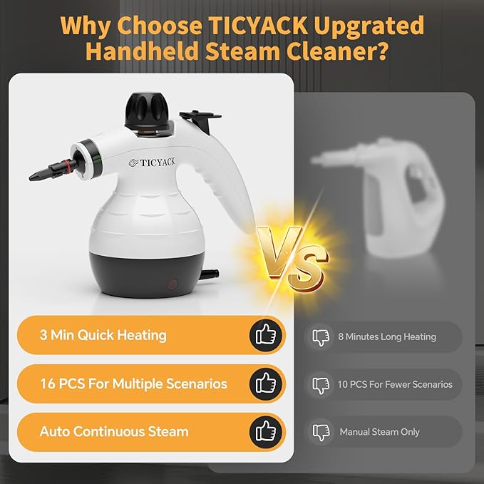 TICYACK Handheld Steam Cleaner, Steam Cleaner with 16 PCS Accessory & Safety Lock, Capacity, Multi-Surface Deep Cleaning for Home, Car, Bathroom, Grout, Floor, Window(White/Black)
